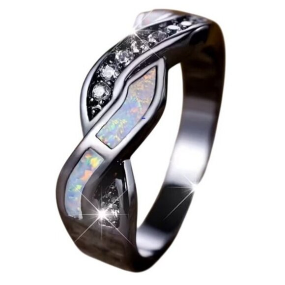 White Ethiopian Fire Opal eternity band wedding ring set with CZ set in Rhodium - Picture 3 of 6